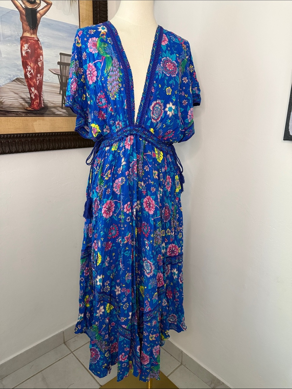R. Vivimo NWT Blue Peacock Floral Boho Maxi Dress Tassel Tie Size L